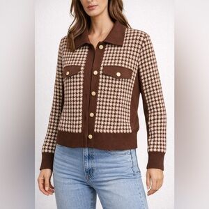Chérie Colette Brown Cream Houndstooth Knit Jacket Button Front Size M
